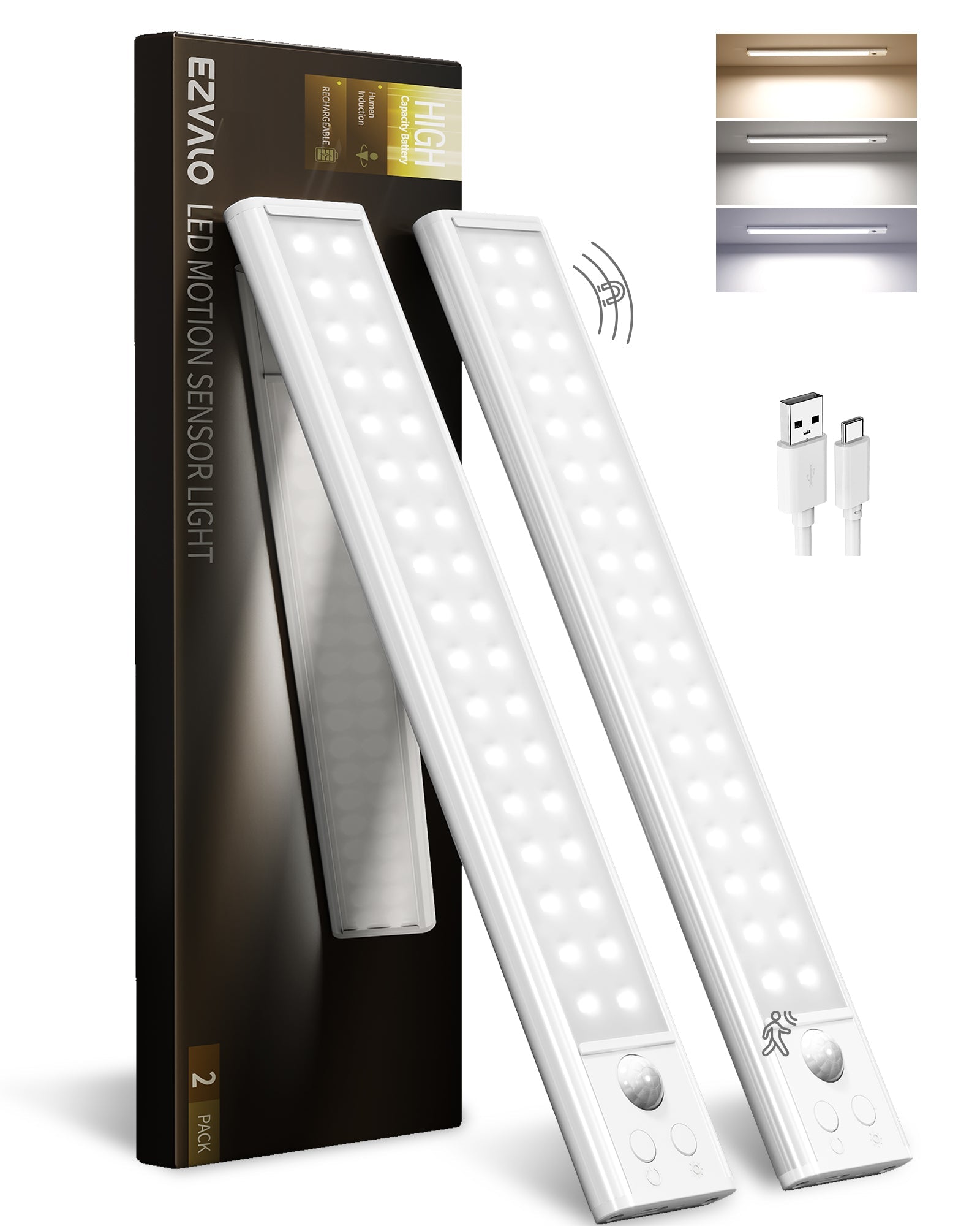Under Cabinet Lighting 12 inches, 80 LED Motion Sensor Light Indoor, 2200mAh Battery Operated Rechargeable Closet Lights, 3 Color Dimmable Magnetic Wireless Under Counter Lights for Kitchen - 2 Pack - EZVALO