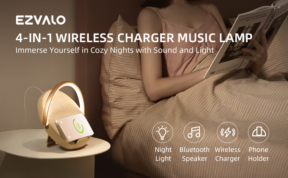 LED Night Light, EZVALO Music Bedside Lamp with Wireless Charger