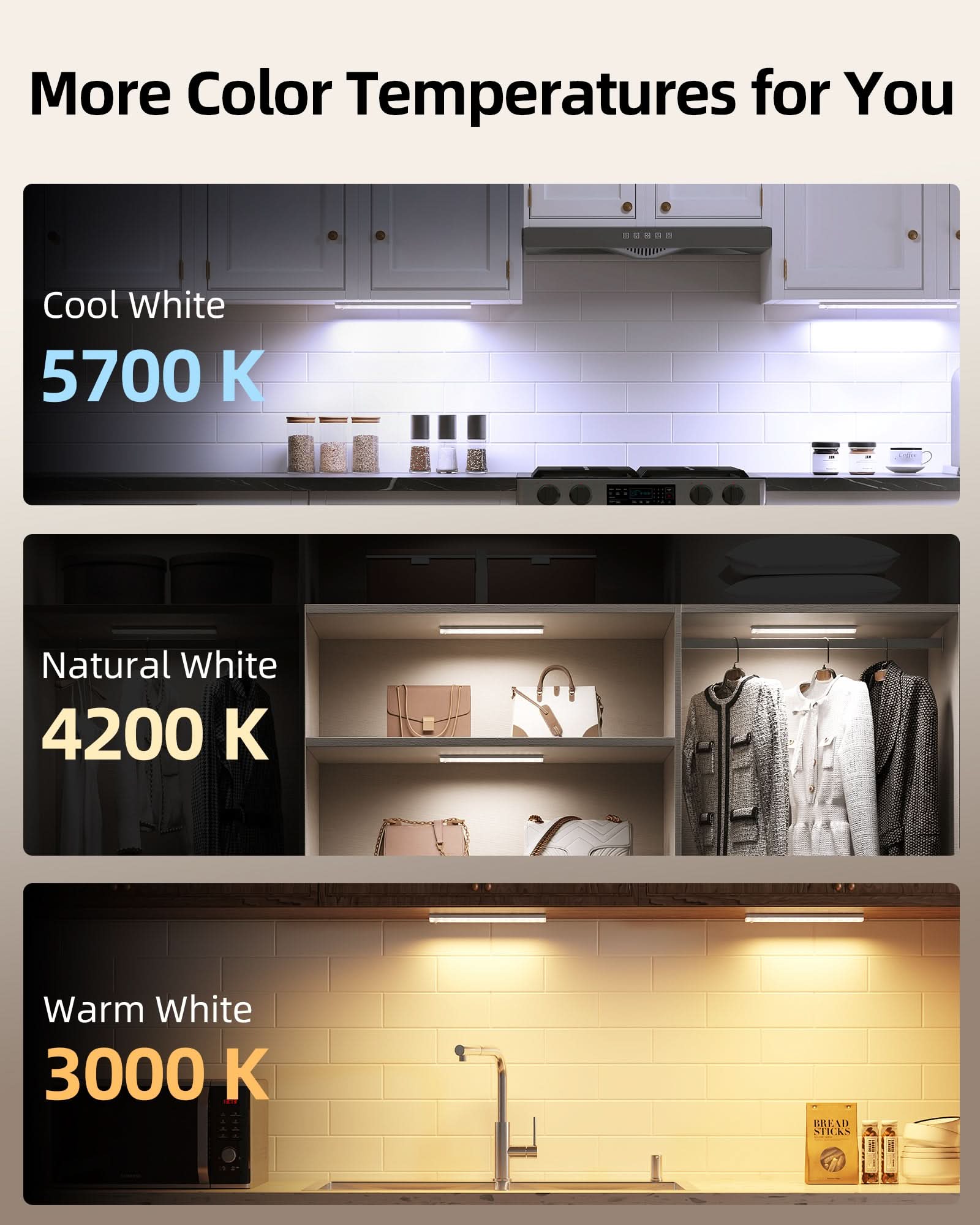 EZVALO 56 LED Under Cabinet Lights, USB Rechargeable 2000mAh Motion Sensor Closet Lighting Kit with Magnetic Strip, Remote, 3 Color Temps, Stepless Dimming & Timer for Kitchen, 3 Pack