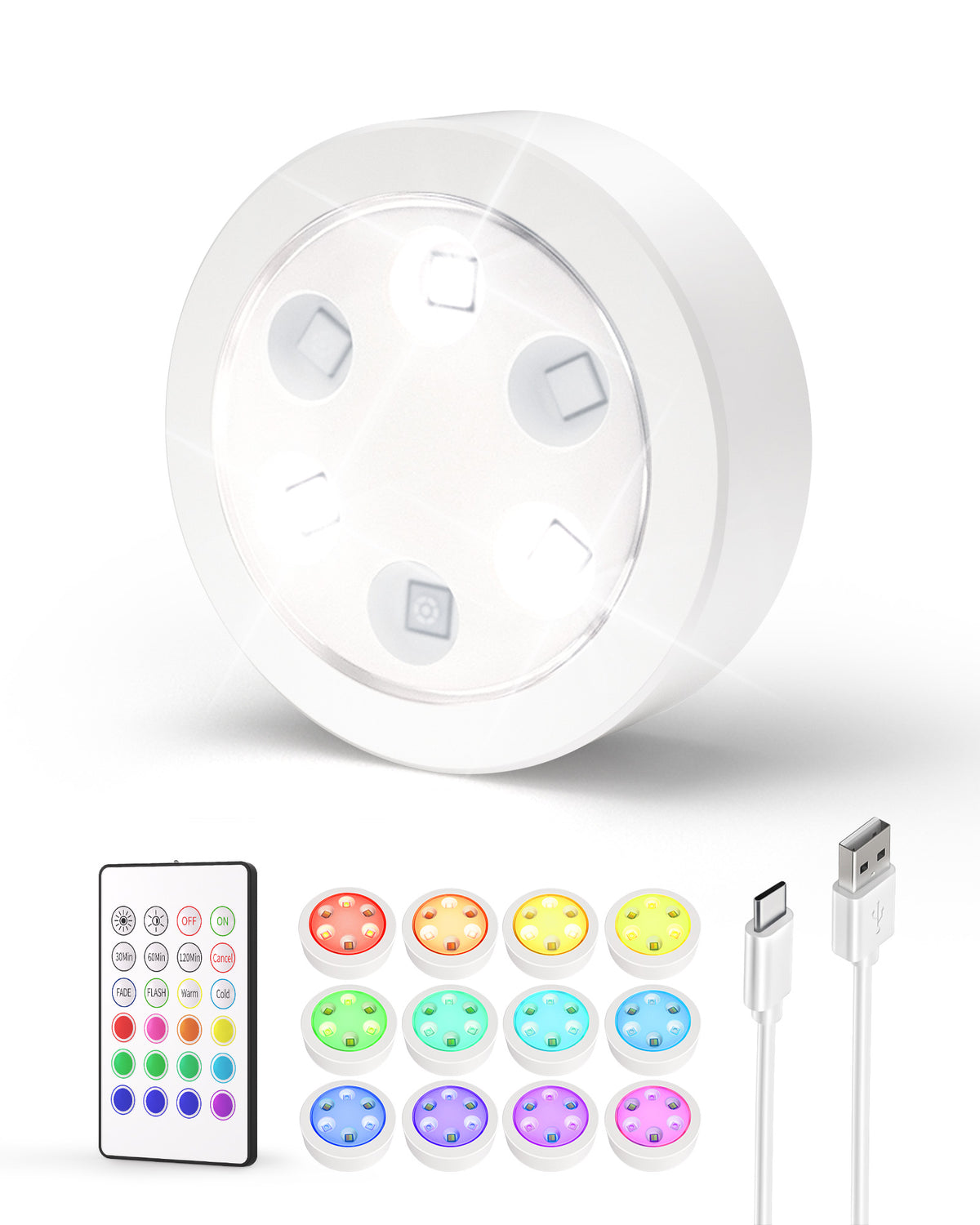Puck Lights with Remote, 14 Colors Changeable RGB LED Under Cabinet Lighting, 1200mAh Rechargeable Under Cabinet Lights, Tap Light, Stick on Lights for Kitchen, Counter, Closet