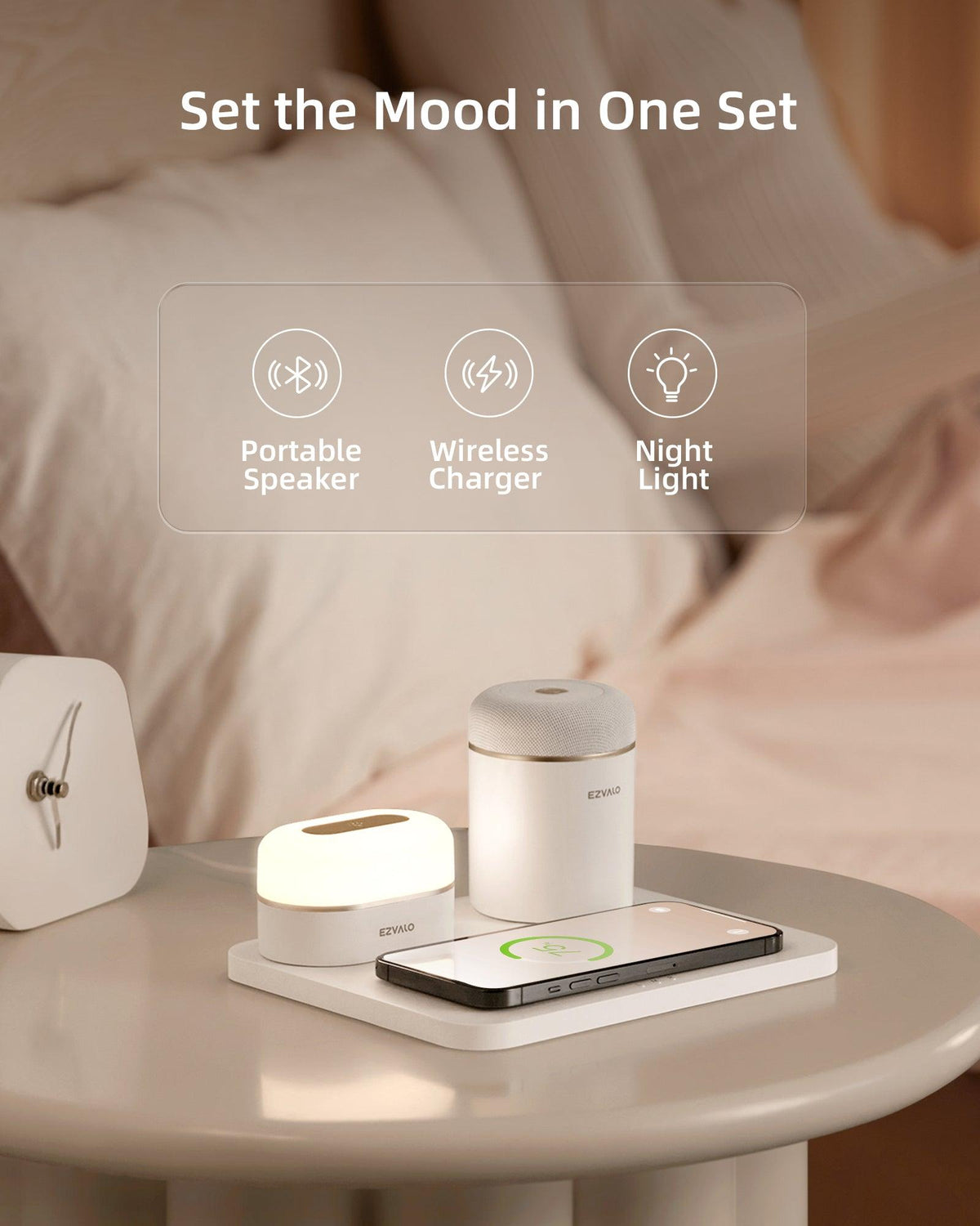 EZVALO EzFlex E 3-in-1 gift box with Wireless Phone Charger & LED Night Light & Portable Speaker- White - EZVALO