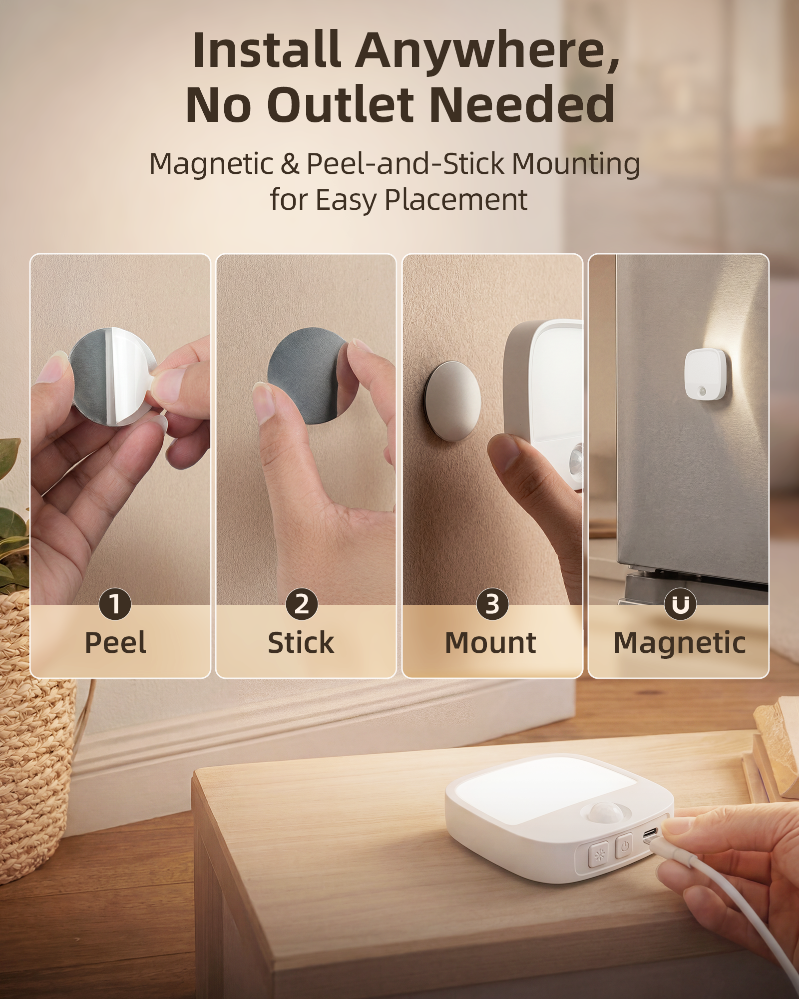 EZVALO Rechargeable Motion Sensor Night Lights, 4 Pack Magnetic Stick-On LED Lights, 3 Color Temperatures, 10%-100% Dimming & Memory, 1000mAh Light for Closet, Bedroom, Hallway, Stairs, Bathroom
