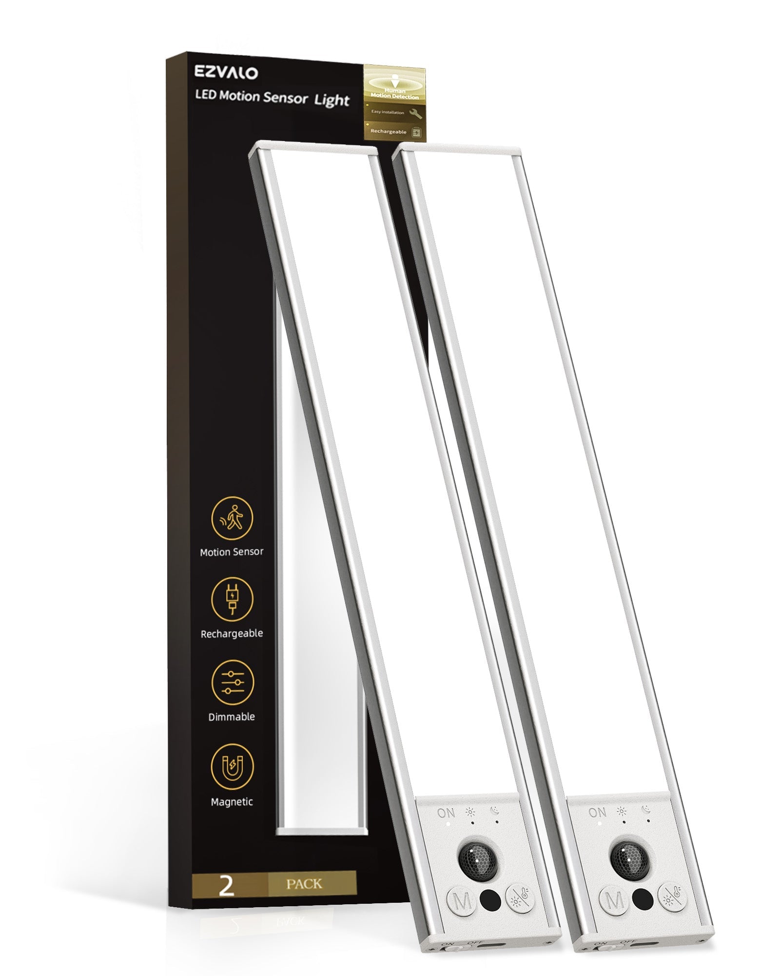 EZVALO 10inch Under Cabinet Lighting, LED Motion Sensor Light Indoor, 2400mAh USB Rechargeable Closet Lights, Dimmable & Magnetic Wireless Under Counter Lights for Kitchen, Pantry, Stairs (2 Pack) - EZVALO