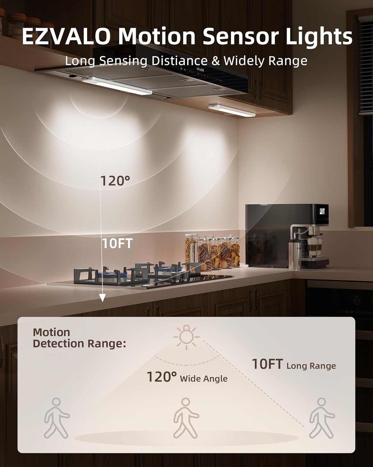 EZVALO 11.8 - inch Under Cabinet Lighting, 3 Color Temperatures, Rechargeable Motion Sensor Light Indoor, LED Magnetic Lights with Dimmable for Kitchen, Stairs, Pantry, Closet - EZVALO