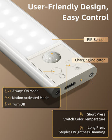 EZVALO 2 Pack 10in Under Cabinet Lights, 52 LED Motion Sensor Light for Small Spaces, 1800mAh Rechargeable, Stepless Dimmable, Magnetic Wireless Closet Lighting for Small Drawers, Narrow Cabinets