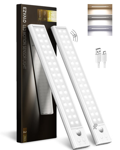 EZVALO 2 Pack 10in Under Cabinet Lights, 52 LED Motion Sensor Light for Small Spaces, 1800mAh Rechargeable, Stepless Dimmable, Magnetic Wireless Closet Lighting for Small Drawers, Narrow Cabinets