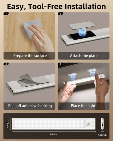 EZVALO 2 Pack 10in Under Cabinet Lights, 52 LED Motion Sensor Light for Small Spaces, 1800mAh Rechargeable, Stepless Dimmable, Magnetic Wireless Closet Lighting for Small Drawers, Narrow Cabinets
