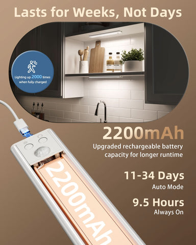 EZVALO 2 Pack 12in Under Cabinet Lights, 82 LED Motion Sensor Light for Large Areas, 2200mAh Rechargeable, Stepless Dimmable, Magnetic Wireless Closet Lighting for Kitchen Cabinets