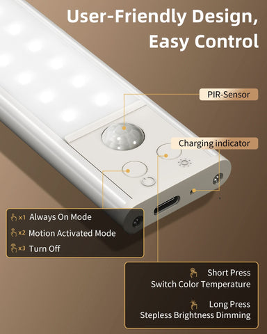 EZVALO 2 Pack 12in Under Cabinet Lights, 82 LED Motion Sensor Light for Large Areas, 2200mAh Rechargeable, Stepless Dimmable, Magnetic Wireless Closet Lighting for Kitchen Cabinets