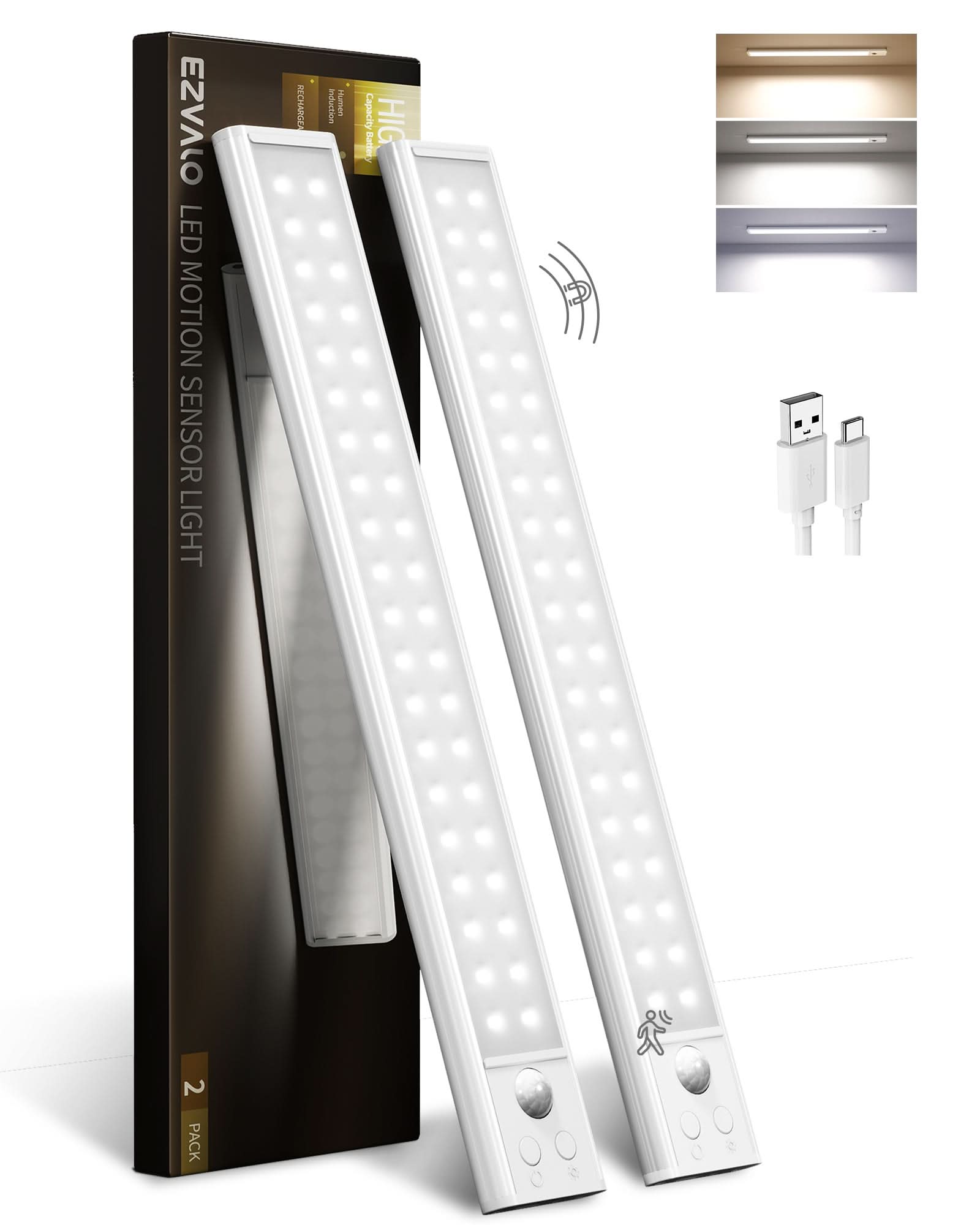 EZVALO 2 Pack 12in Under Cabinet Lights, 82 LED Motion Sensor Light for Large Areas, 2200mAh Rechargeable, Stepless Dimmable, Magnetic Wireless Closet Lighting for Kitchen Cabinets - EZVALO