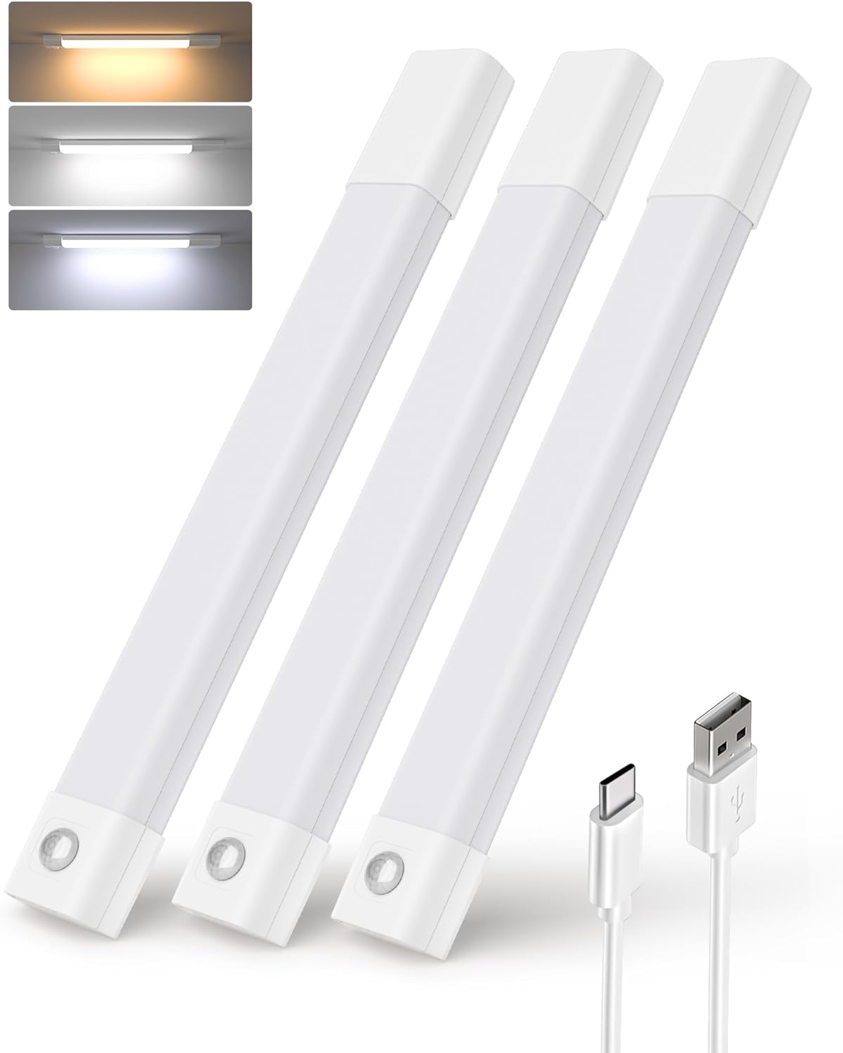 EZVALO 3 Pack 7” Motion Sensor Light Indoor, Wireless Under Cabinet Lighting, 30 LED Rechargeable Closet Lights, Dimmable, 3 Color Temperatures, Counter Lights for Wardrobe, Pantry, Bedroom, Kitchen - EZVALO