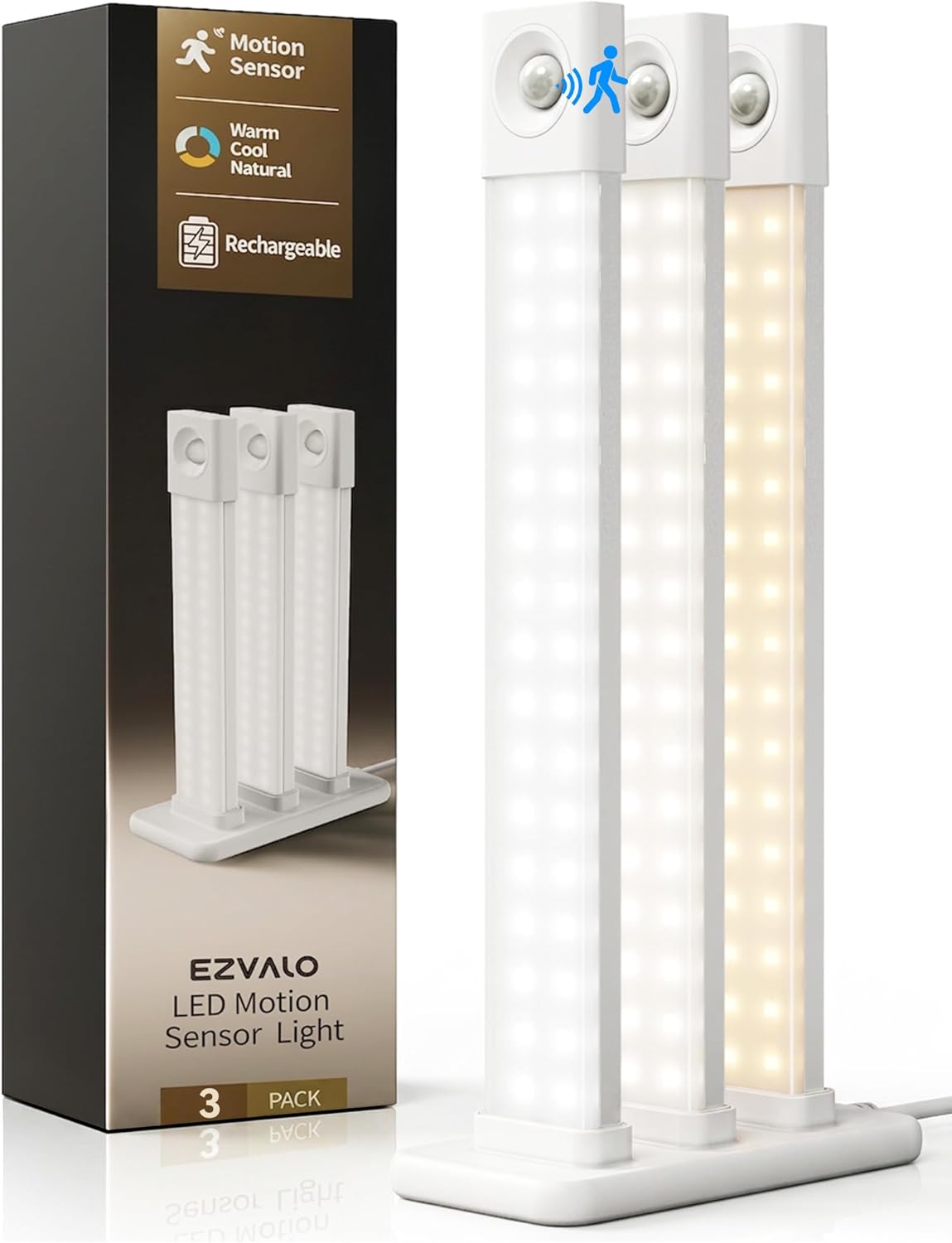 EZVALO 3 Pack 8” Motion Sensor Light Indoor, Wireless Under Cabinet Lighting, 30 LED Rechargeable Closet Lights, Dimmable, 3 Color Temperatures, Counter Lights for Wardrobe, Pantry, Bedroom, Kitchen - EZVALO