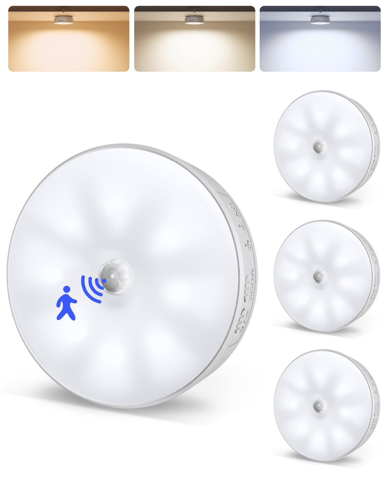 EZVALO 4 Pack Motion Sensor Closet Lights, 1200mAh USB - C Rechargeable LED Puck Lights, Under Cabinet Lights, Night Lights, Dimmable, 3 Color Temps, Magnetic, Stick - On for Closet, Stairs, Cabinets - EZVALO