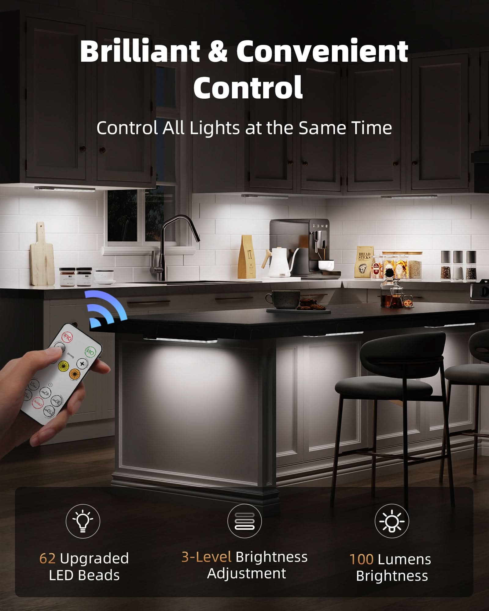 EZVALO 56 LED Under Cabinet Lights, USB Rechargeable 2000mAh Motion Sensor Closet Lighting Kit with Magnetic Strip, Remote, 3 Color Temps, Stepless Dimming & Timer for Kitchen, 3 Pack - EZVALO