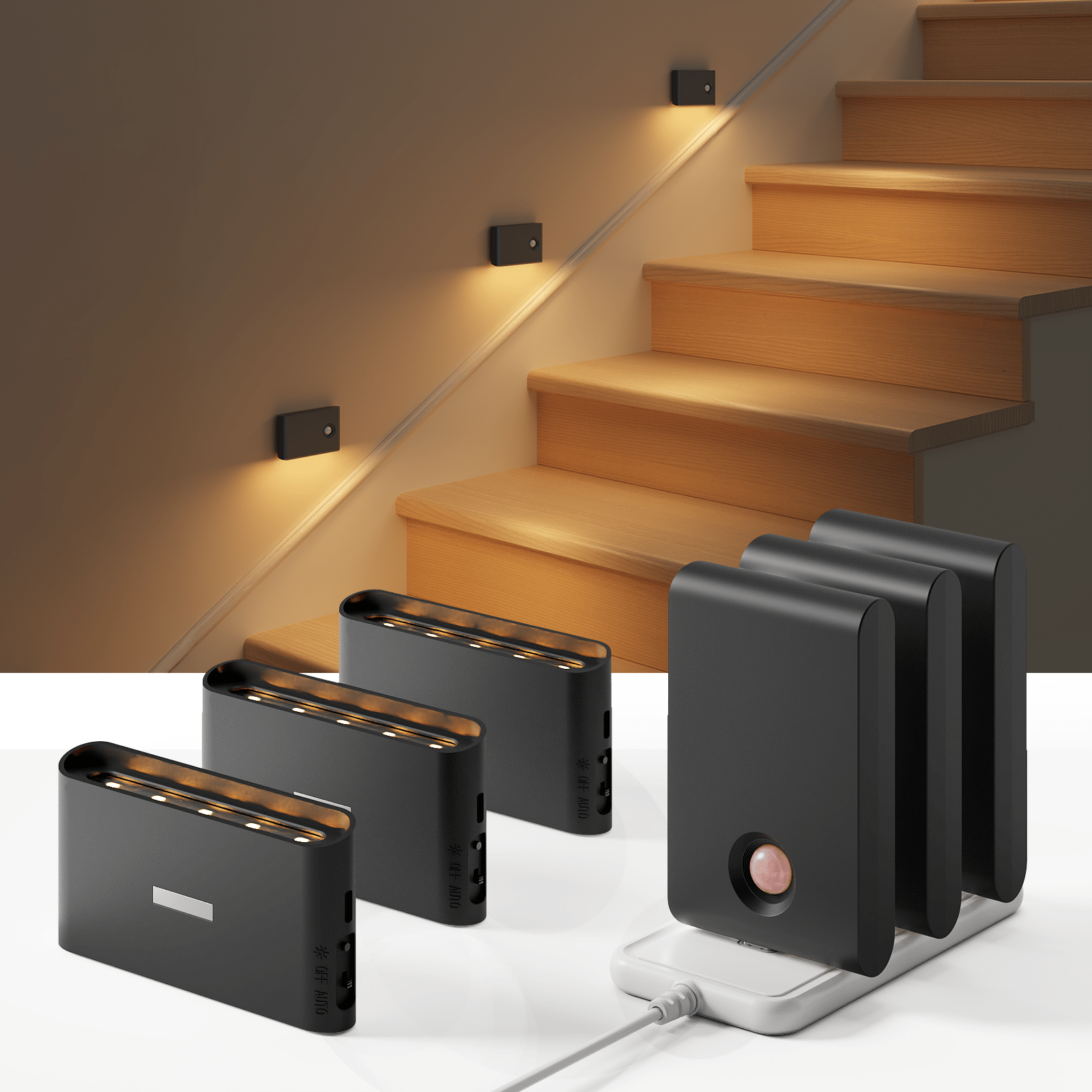 EZVALO 6 Pack Motion Sensor Night Lights, Sync LED Stair Lights Indoor, 1500mAh Rechargeable, Magnetic & Dimmable, 3000K Soft White, Portable Nightlight for Hallway, Stairs, Bathroom, Bedroom - EZVALO