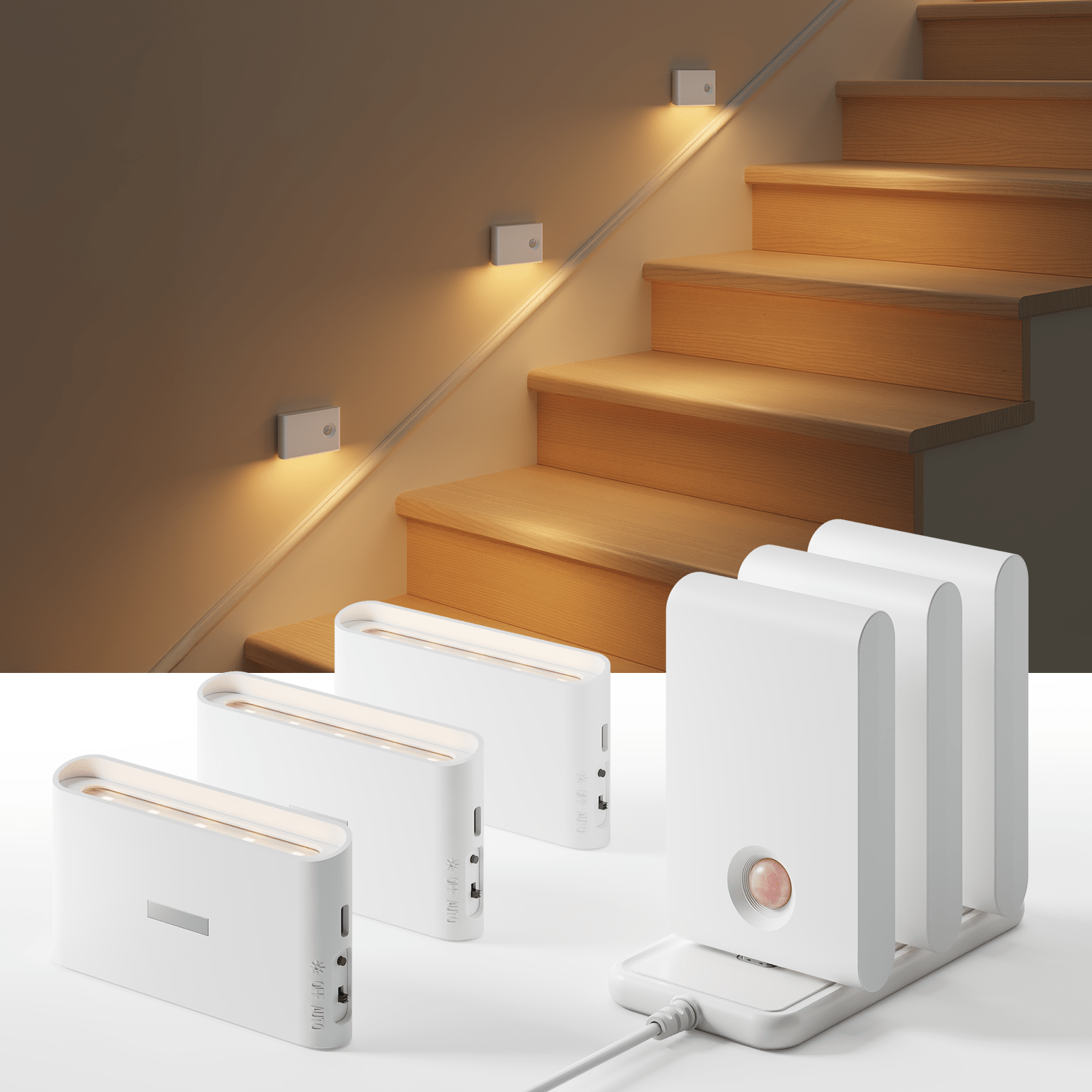 EZVALO 6 Pack Motion Sensor Night Lights, Sync LED Stair Lights Indoor, 1500mAh Rechargeable, Magnetic & Dimmable, 3000K Soft White, Portable Nightlight for Hallway, Stairs, Bathroom, Bedroom - EZVALO