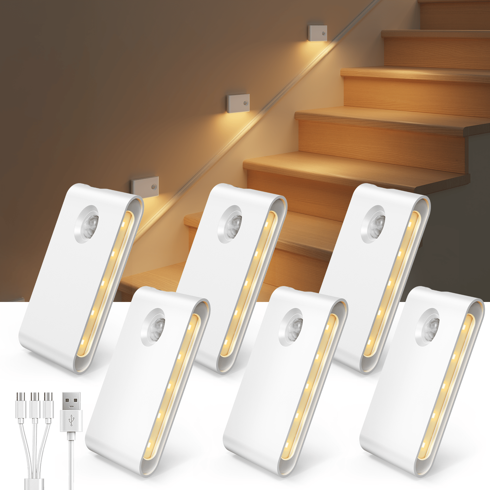 EZVALO 6 Pack Motion Sensor Night Lights, Sync LED Stair Lights Indoor, 1500mAh Rechargeable, Magnetic & Dimmable, 3000K Soft White, Portable Nightlight for Hallway, Stairs, Bathroom, Bedroom - EZVALO