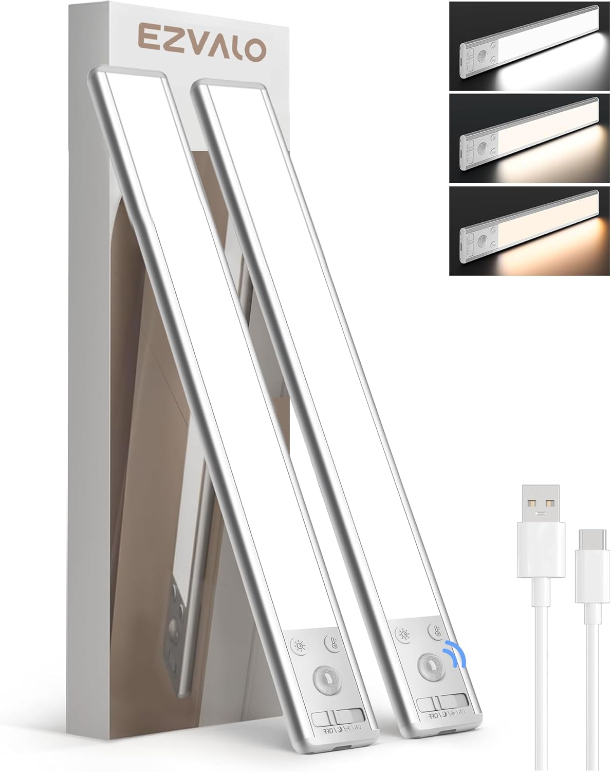 EZVALO 8" Under Cabinet Lighting, 2400mAh USB - C Rechargeable Motion Sensor Light, 3 Color Temps, 5 - Level Dimmable Magnetic Wireless Closet Lights for Kitchen, Pantry, Stairs (2 Pack) - EZVALO