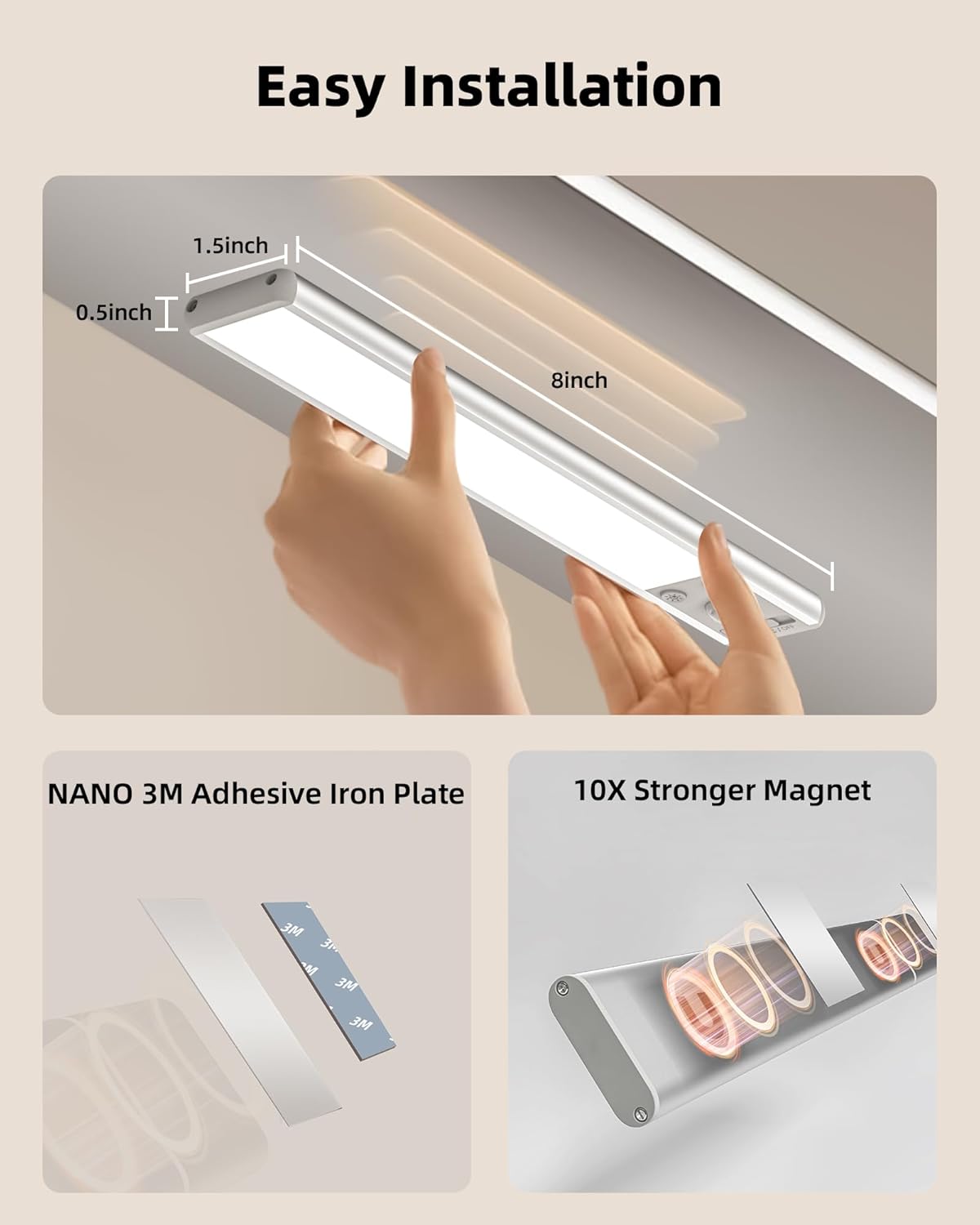 EZVALO 8" Under Cabinet Lighting, 2400mAh USB - C Rechargeable Motion Sensor Light, 3 Color Temps, 5 - Level Dimmable Magnetic Wireless Closet Lights for Kitchen, Pantry, Stairs (2 Pack) - EZVALO