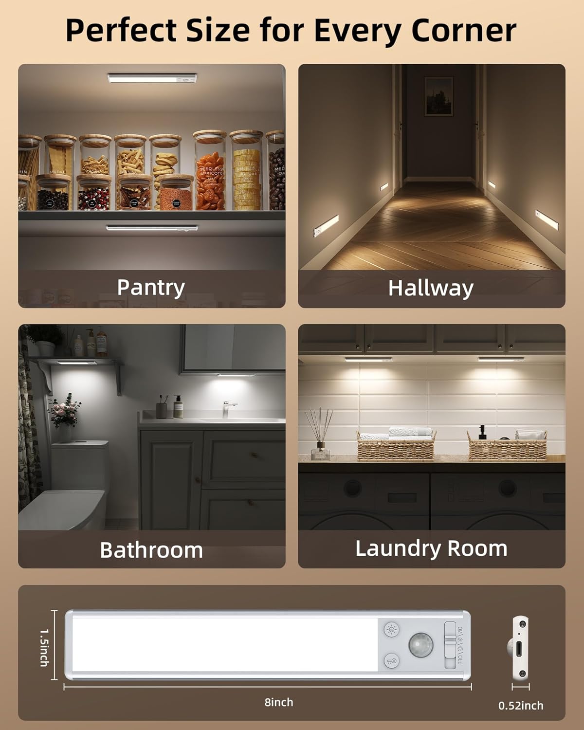 EZVALO 8" Under Cabinet Lighting, 2400mAh USB - C Rechargeable Motion Sensor Light, 3 Color Temps, 5 - Level Dimmable Magnetic Wireless Closet Lights for Kitchen, Pantry, Stairs (2 Pack) - EZVALO