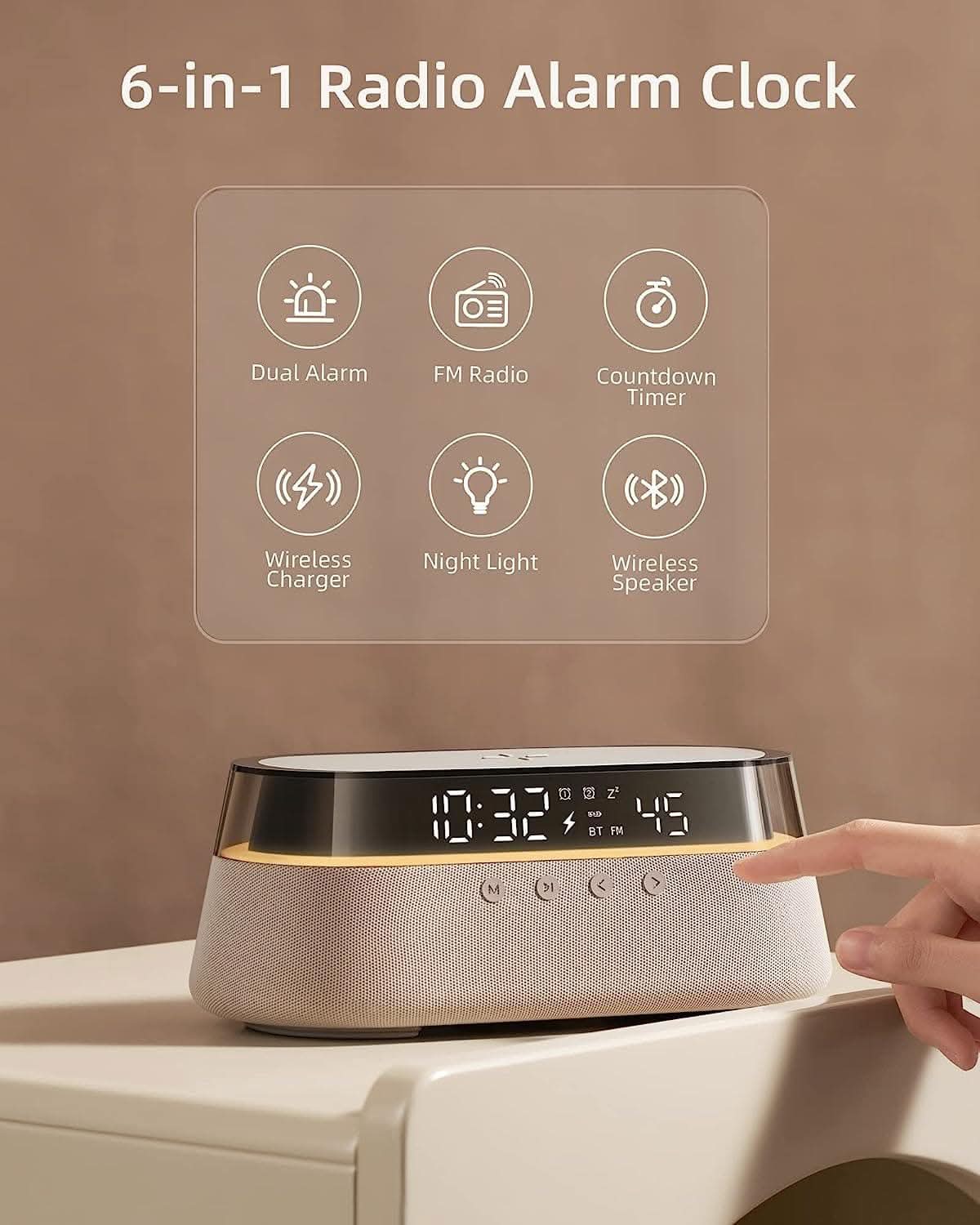EZVALO EzChrono Pro 6 - in - 1 Radio Alarm Clock with Wireless Charging 15W - EZVALO