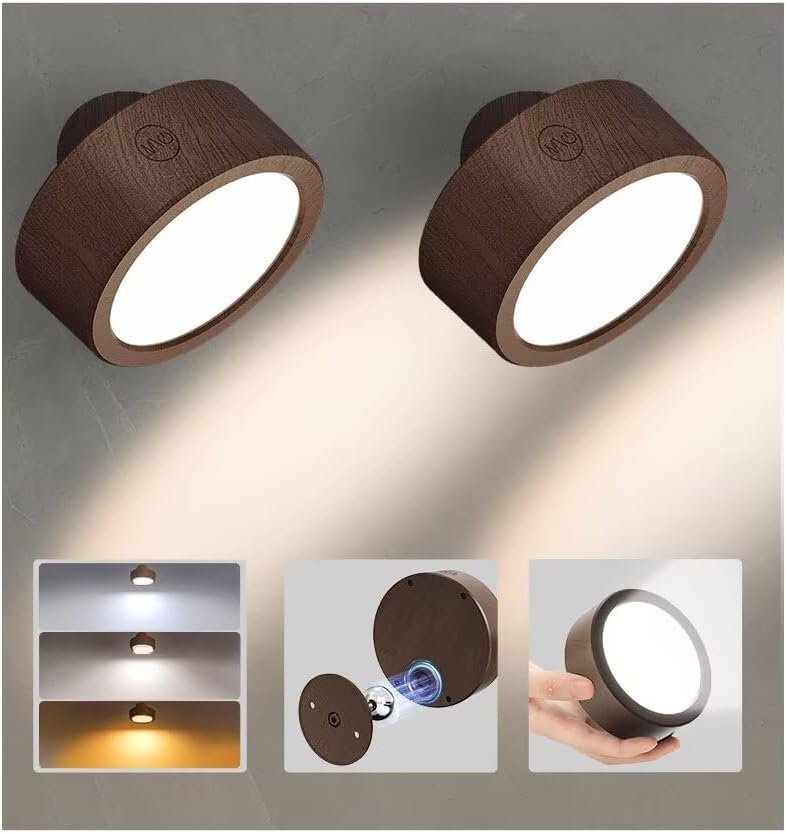 EZVALO LED Wall Mounted Lights, 5500mAh Rechargeable Wall Sconces Lamp, 3 Color Temps & Remote and Touch Control, 360°Rotation Dimmable Cordless Wall Light for Bedroom Reading Study Bedside (2 Pack) - EZVALO