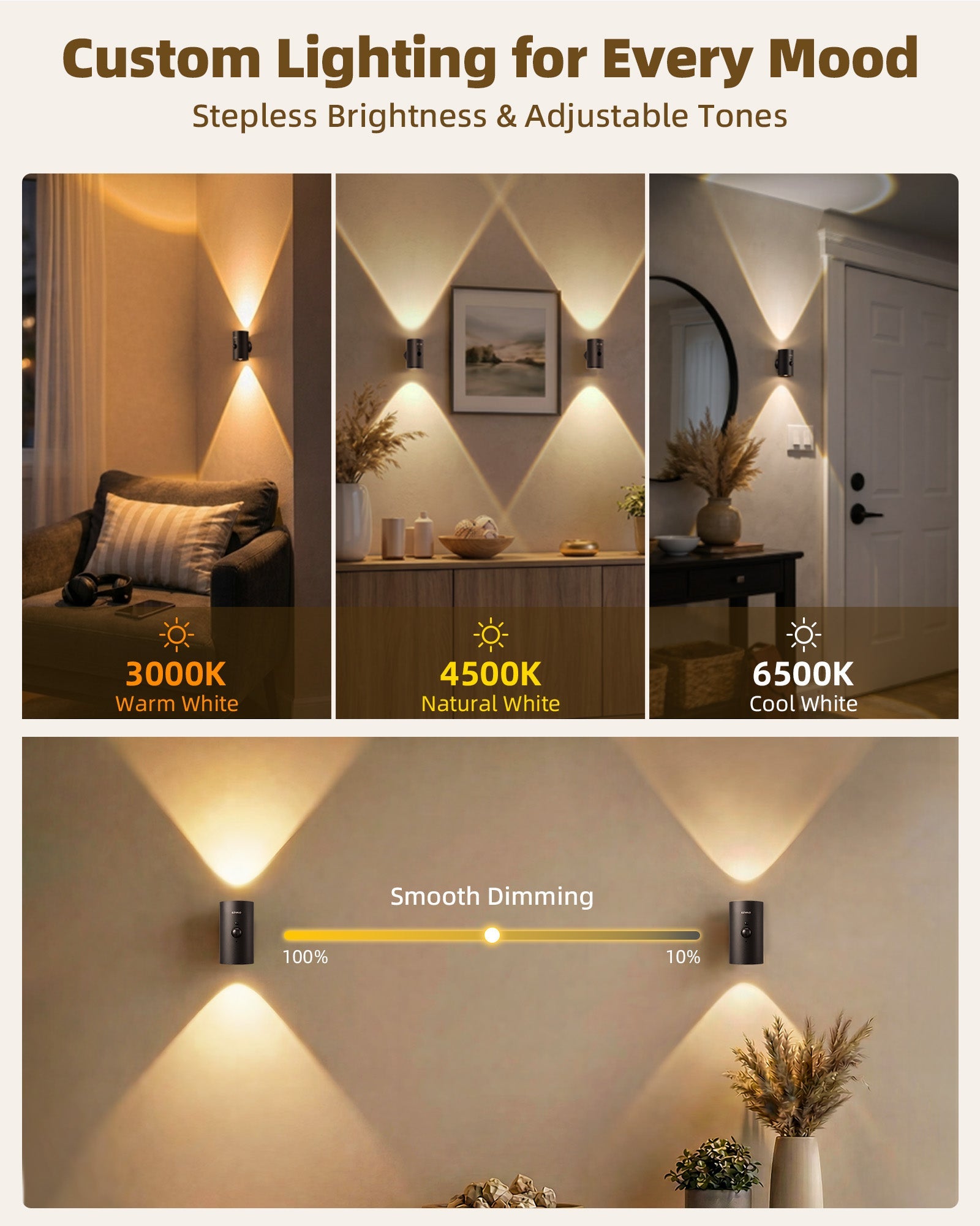 EZVALO Motion Sensor Wall Light, 4000mAh Rechargeable Wall Sconce with Remote, 12 RGB & 3 Color Temps, Up & Down Ambient Lighting for Bedroom, Hallway, Corner Decor (2 Pack, Black) - EZVALO