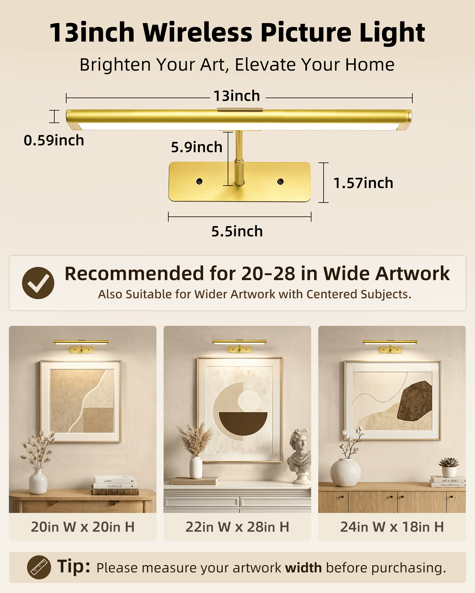 EZVALO Picture Light for Wall, 4800mAh Rechargeable Wireless Lights, 16'' Dimmable with IR Remote Magnetic LED Art Painting Light with 3 Color Temps, Display for Gallery, Living Room, Bedroom(Gold) - EZVALO