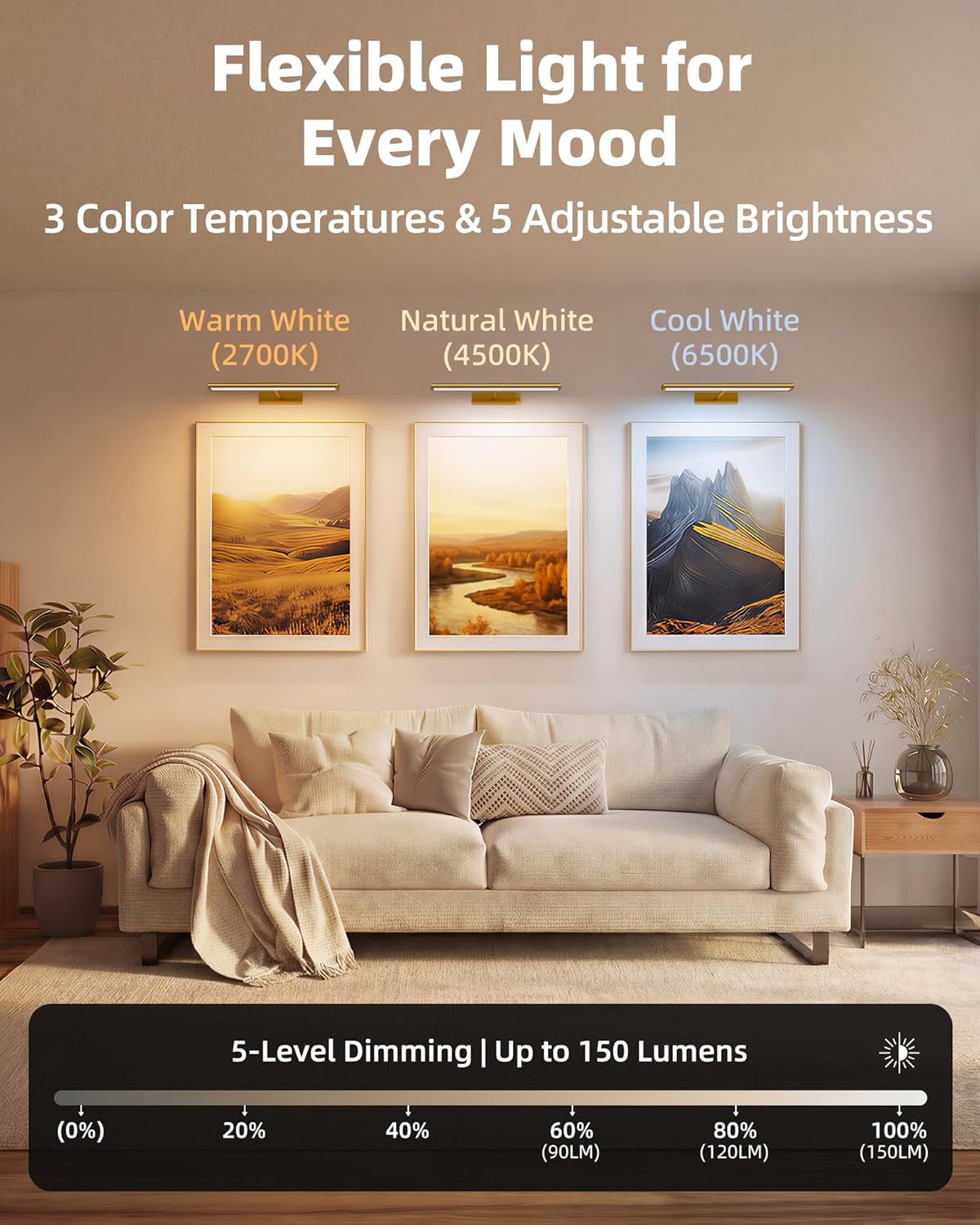 EZVALO Picture Light for Wall, 4800mAh Rechargeable Wireless Lights, 16'' Dimmable with IR Remote Magnetic LED Art Painting Light with 3 Color Temps, Display for Gallery, Living Room, Bedroom(Gold) - EZVALO