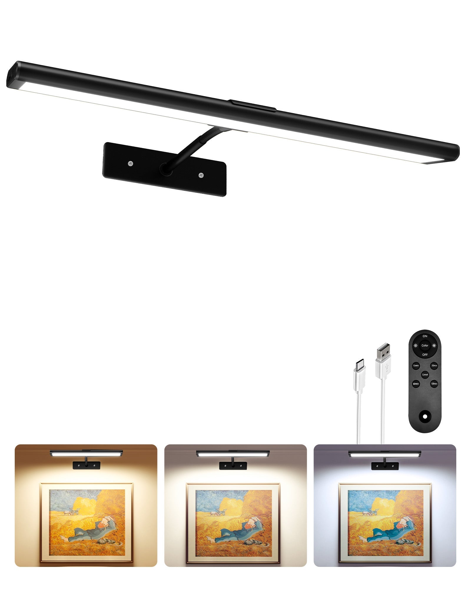 EZVALO Picture Light for Wall, 4800mAh Rechargeable Wireless Lights, 16'' Dimmable with IR Remote Magnetic LED Art Painting Light with 3 Color Temps, Display for Gallery, Living Room, Bedroom(Gold) - EZVALO