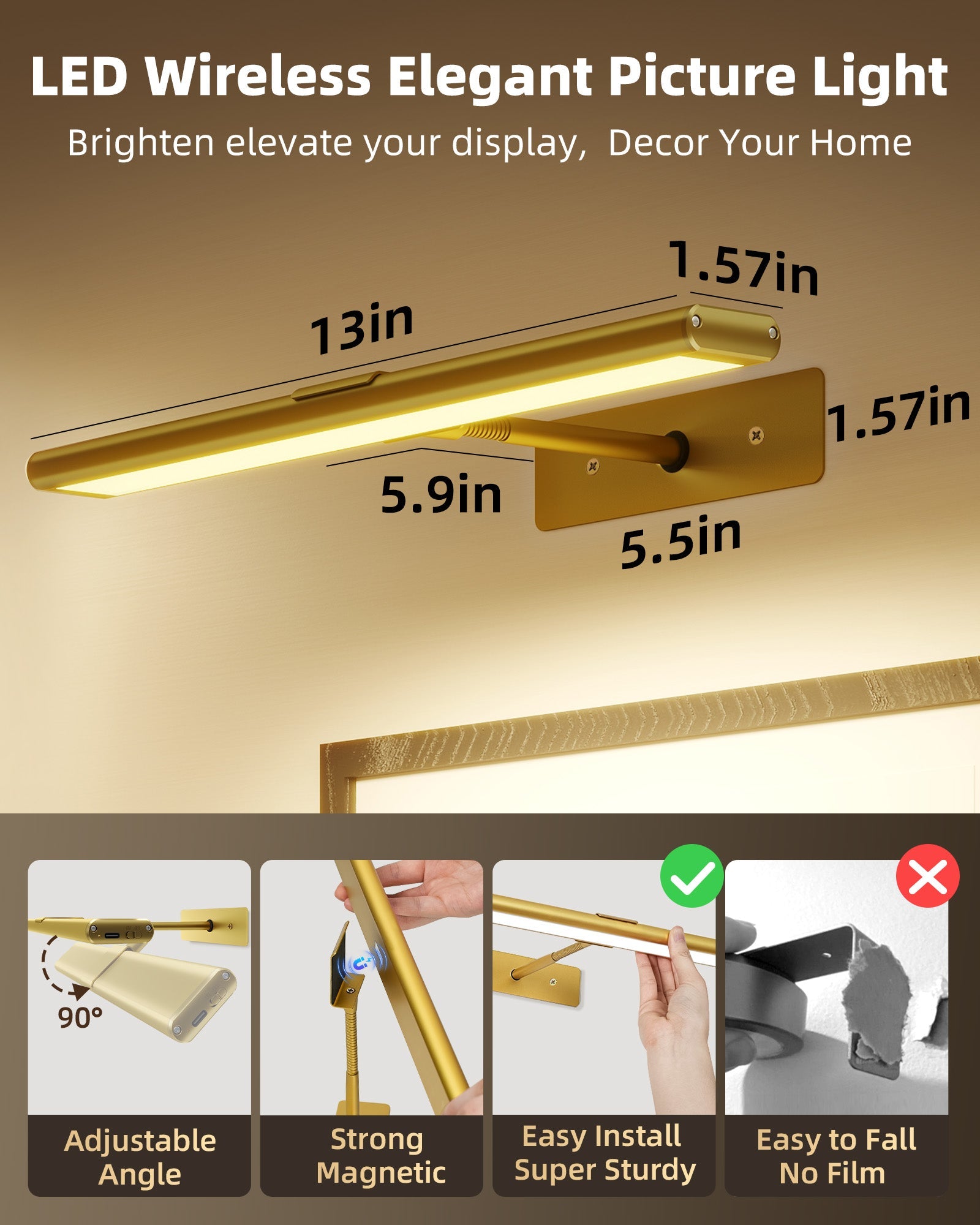 EZVALO Picture Light for Wall, 4800mAh Rechargeable Wireless Lights, 16'' Dimmable with IR Remote Magnetic LED Art Painting Light with 3 Color Temps, Display for Gallery, Living Room, Bedroom(Gold) - EZVALO