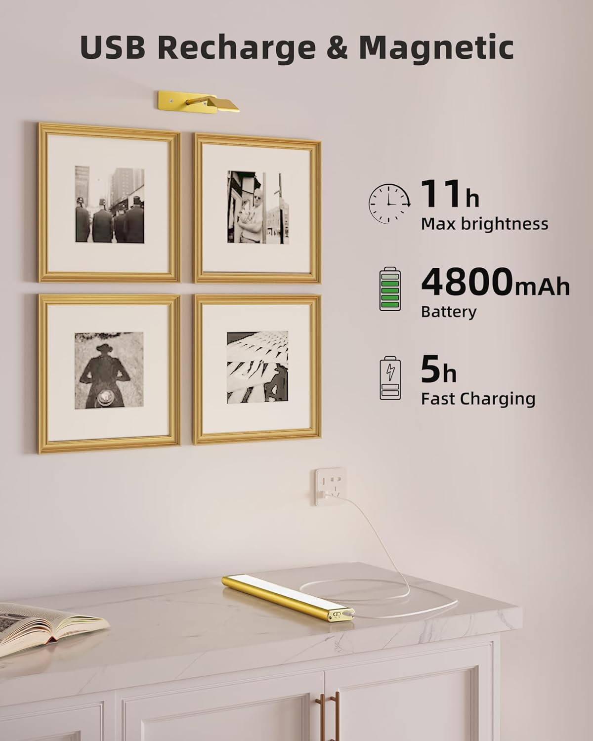 EZVALO Picture Light for Wall, 4800mAh Rechargeable Wireless Lights, 16'' Dimmable with IR Remote Magnetic LED Art Painting Light with 3 Color Temps, Display for Gallery, Living Room, Bedroom(Gold) - EZVALO