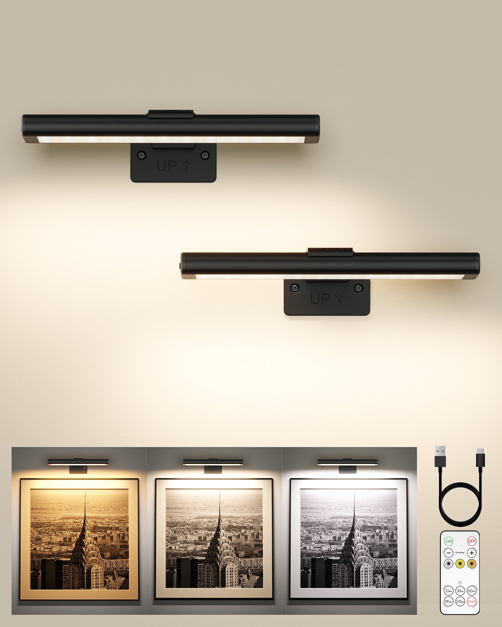 EZVALO Picture Light for Wall, Rechargeable 2400mAh Battery Lights Wireless with IR Remote, 3 Color & Dimmable Magnetic 7.8'' LED Lights Display for Painting, Living Room, Gallery, Bedroom(Black - 3P) - EZVALO
