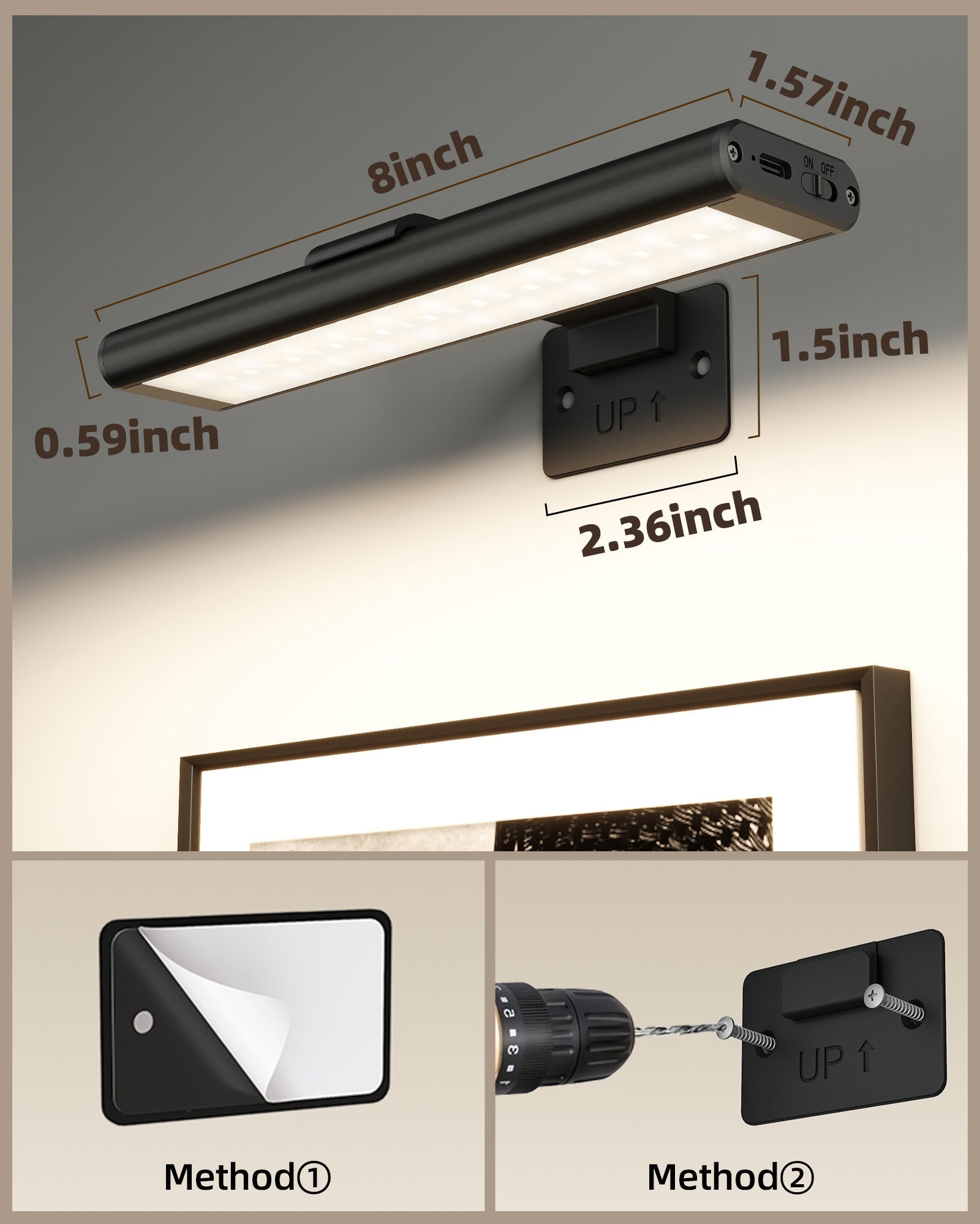 EZVALO Picture Light for Wall, Rechargeable 2400mAh Battery Lights Wireless with IR Remote, 3 Color & Dimmable Magnetic 7.8'' LED Lights Display for Painting, Living Room, Gallery, Bedroom(Black - 3P) - EZVALO