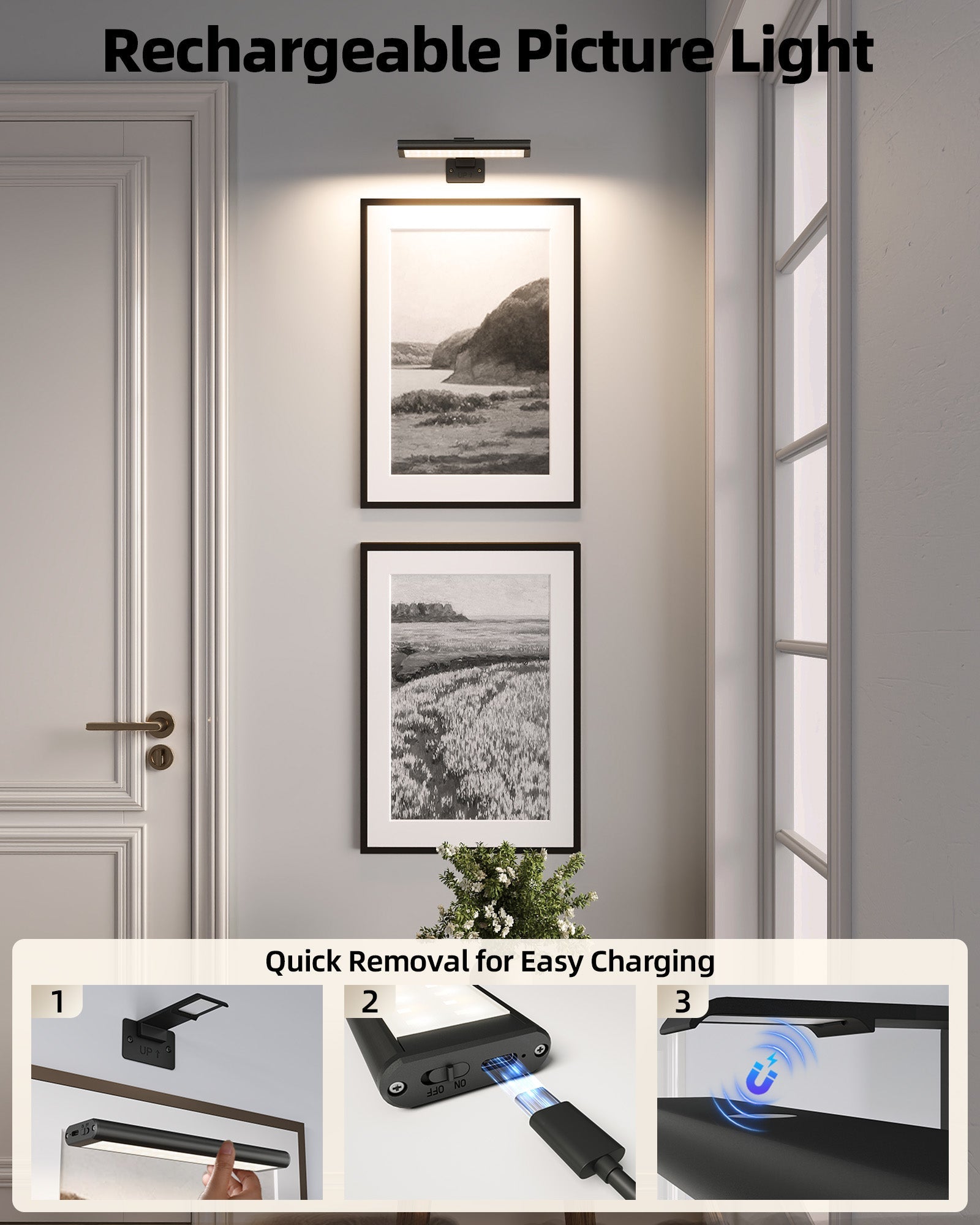 EZVALO Picture Light for Wall, Rechargeable 2400mAh Battery Lights Wireless with IR Remote, 3 Color & Dimmable Magnetic 7.8'' LED Lights Display for Painting, Living Room, Gallery, Bedroom(Black - 3P) - EZVALO