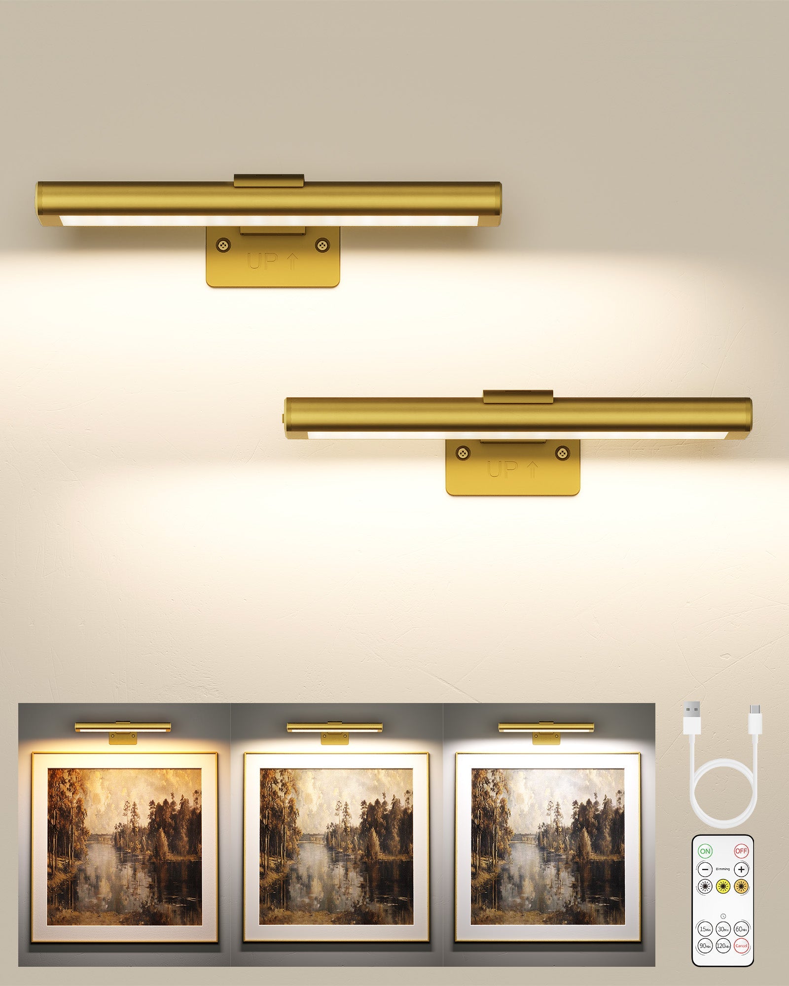EZVALO Picture Light for Wall, Rechargeable 2400mAh Battery Lights Wireless with IR Remote, 3 Color & Dimmable Magnetic 7.8'' LED Lights Display for Painting, Living Room, Gallery, Bedroom(Black - 3P) - EZVALO