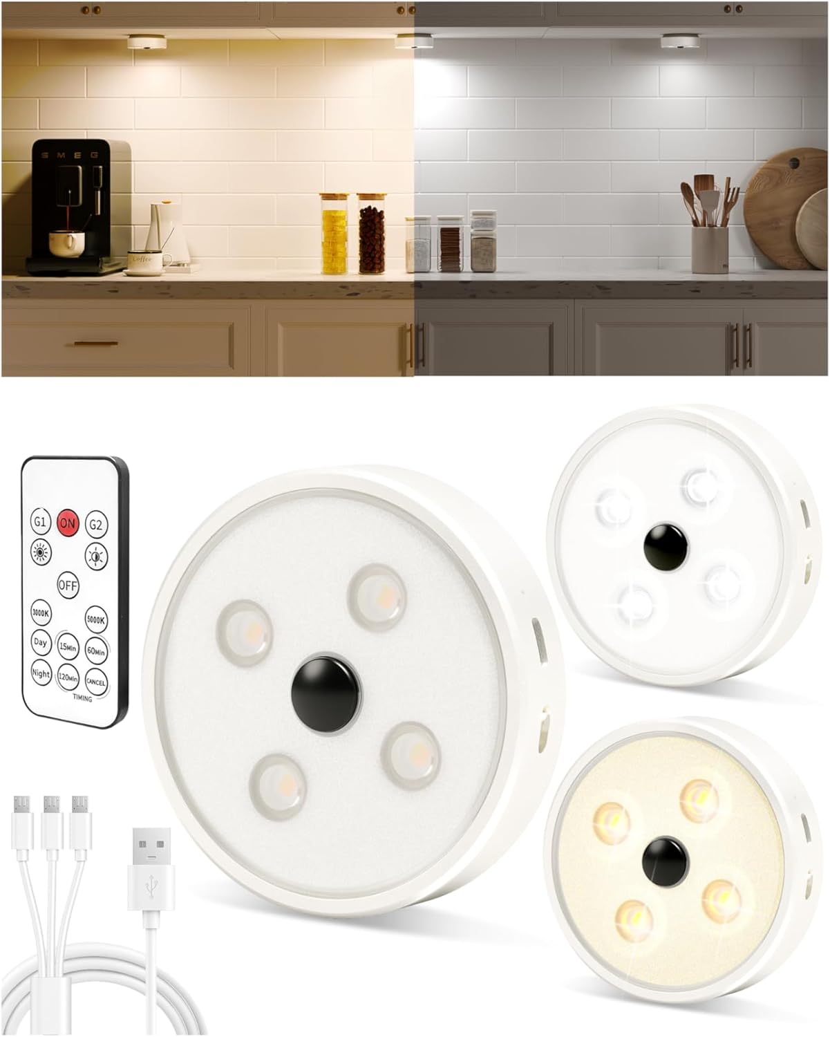 EZVALO Puck Lights with Remote Control, Rechargeable LED Battery Operated, Wireless, Group Control, Dimmable Under Cabinet/ Counter Lighting Closet Light (6 Pack) - EZVALO