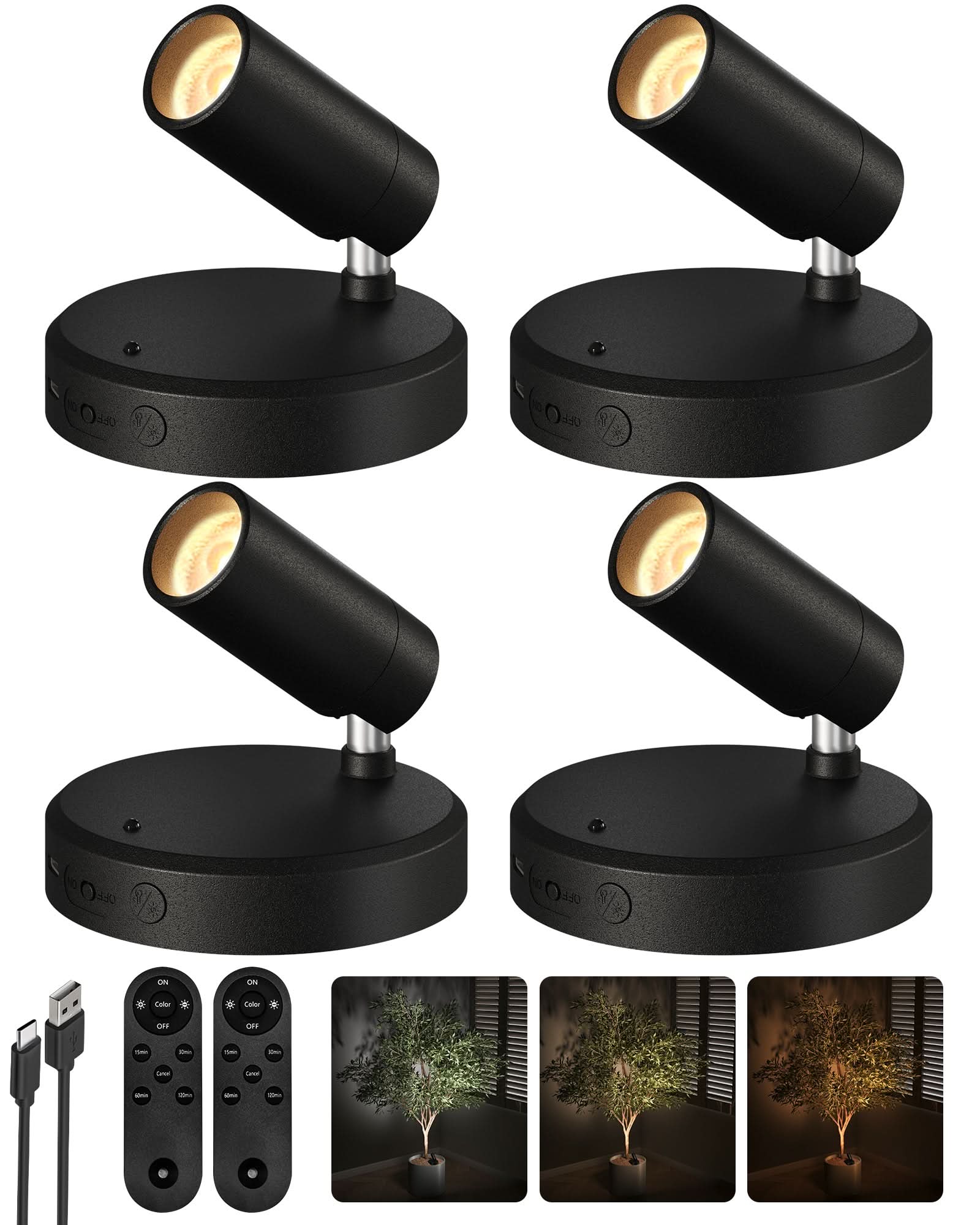 EZVALO Spotlights Indoor with Remote, 5500mAh Rechargeable Picture Lights, Wireless LED Uplighting with Timer＆Dimmable, 3CCT, Display Lights for Plant Painting, Artwork, Accent Lighting (2Pack - Black) - EZVALO
