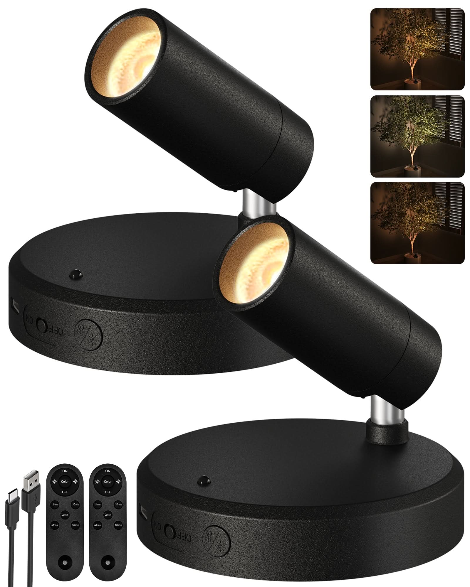 EZVALO Spotlights Indoor with Remote, 5500mAh Rechargeable Picture Lights, Wireless LED Uplighting with Timer＆Dimmable, 3CCT, Display Lights for Plant Painting, Artwork, Accent Lighting (2Pack - Black) - EZVALO