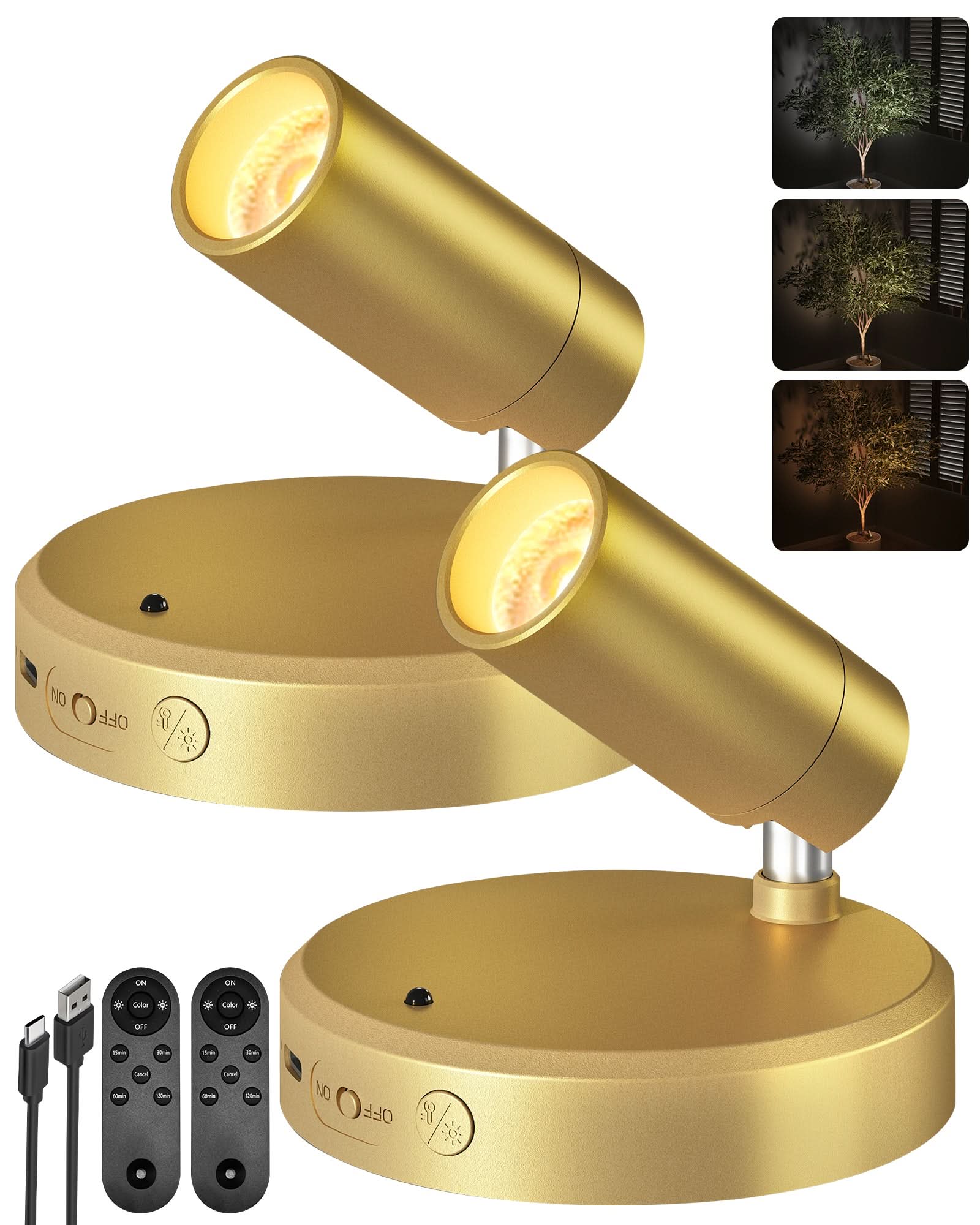 EZVALO Spotlights Indoor with Remote, 5500mAh Rechargeable Picture Lights, Wireless LED Uplighting with Timer＆Dimmable, 3CCT, Display Lights for Plant Painting, Artwork, Accent Lighting (2Pack - Black) - EZVALO