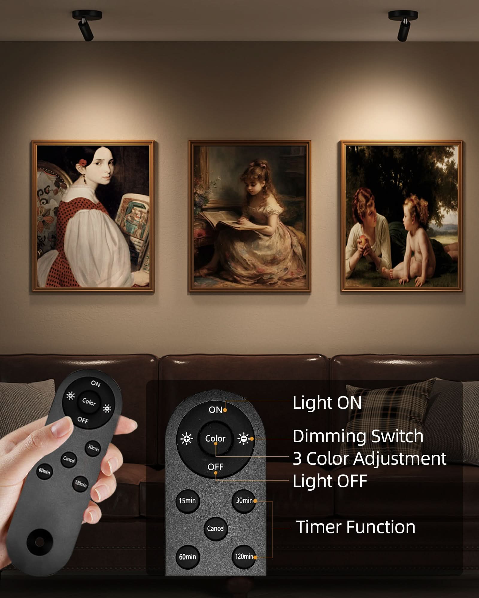 EZVALO Spotlights Indoor with Remote, 5500mAh Rechargeable Picture Lights, Wireless LED Uplighting with Timer＆Dimmable, 3CCT, Display Lights for Plant Painting, Artwork, Accent Lighting (2Pack - Black) - EZVALO