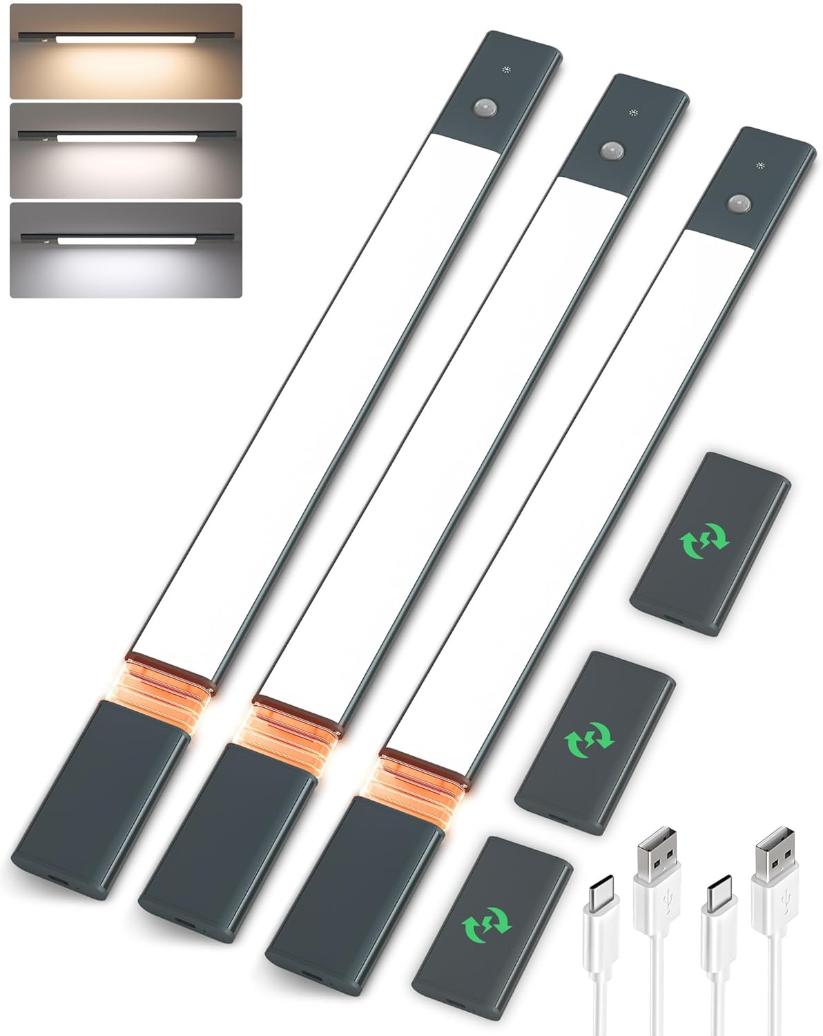 EZVALO Under Cabinet Lighting, 2200mAh Closet Lights with 2 Extra Batteries, 3 Color Temps Motion Sensor Lights Indoor, LED Lights for Closet, Pantry, Kitchen - EZVALO