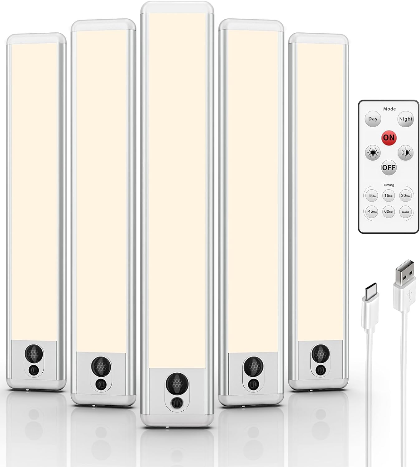 EZVALO Under Cabinet Lights, LED Closet Lights Wireless USB Charging, Motion Sensor Lighting Indoor 5700K Dimmable with Remote Control (White) 5 Pack - EZVALO