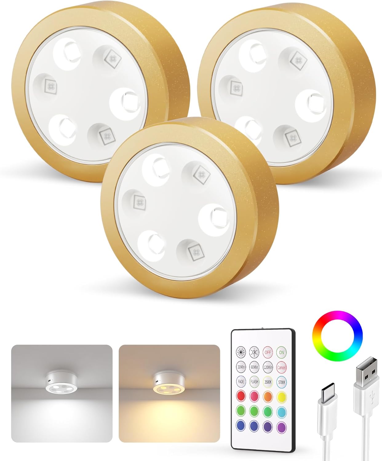 Puck Lights with Remote, 14 Colors Changeable RGB LED Under Cabinet Lighting, 1200mAh Rechargeable Under Cabinet Lights, Tap Light, Stick on Lights for Kitchen, Counter, Closet - EZVALO